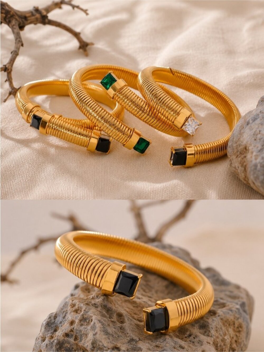 Gold tone Coil Bracelet with Black Square Stones - Picture 6 of 7